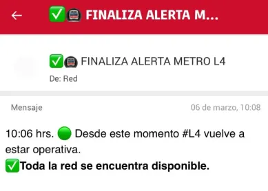 Mensaje de alerta sobre el estado del Servicio del Metro de Santiago en la app RED