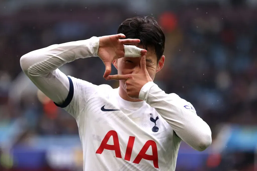 BIRMINGHAM, ENGLAND – MARCH 10: Son Heung-Min of Tottenham Hotspur celebrates scoring his team’s third goal during the Premier League match between Aston Villa and Tottenham Hotspur at Villa Park on March 10, 2024 in Birmingham, England. (Photo by Alex Pantling/Getty Images)