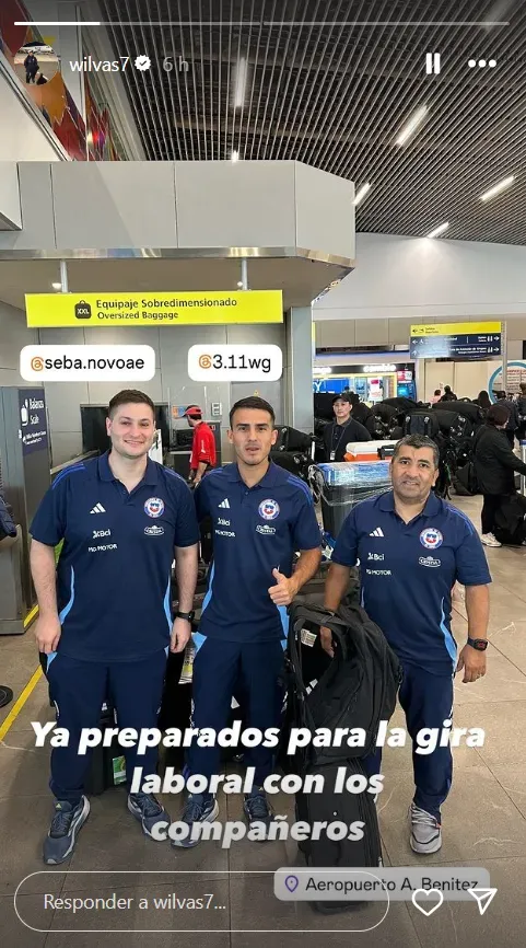 Sebastián Novoa, Waldo Galaz y Wilson Vásquez prestos a abordar el vuelo rumbo a Italia. (Captura Instagram).