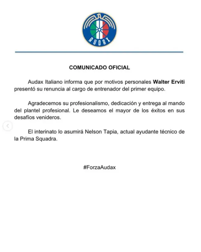 El comunicado de Audax Italiano para informar la renuncia del argentino Walter Erviti.