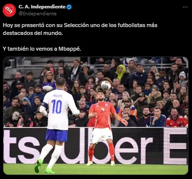 El mensaje de Independiente por el partido de Mauricio Isla. Foto: Twitter.