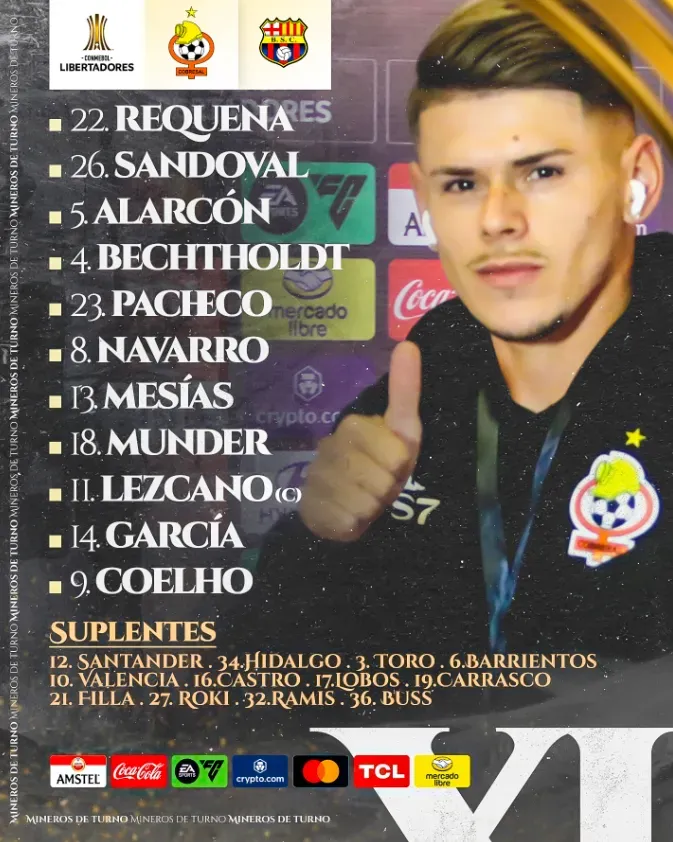 La formación de Cobresal con César Munder ante Barcelona de Ecuador. (Foto: Cobresal).