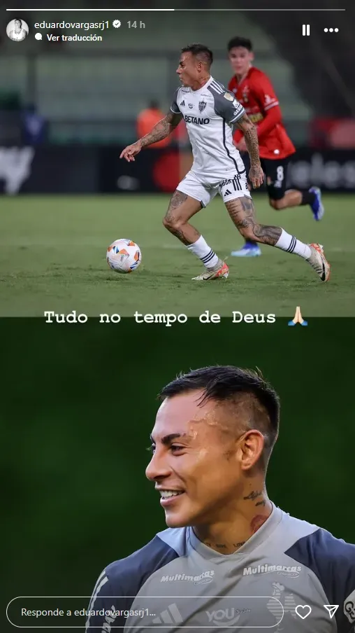El mensaje de Eduardo Vargas por su momento en Atlético Mineiro. Foto: Instagram.