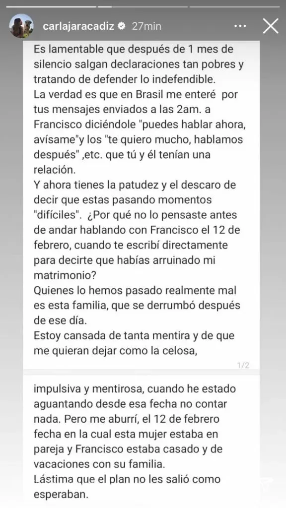 Esto escribió Carla Jara en su Instagram contra Camila Andrade y Kaminski.