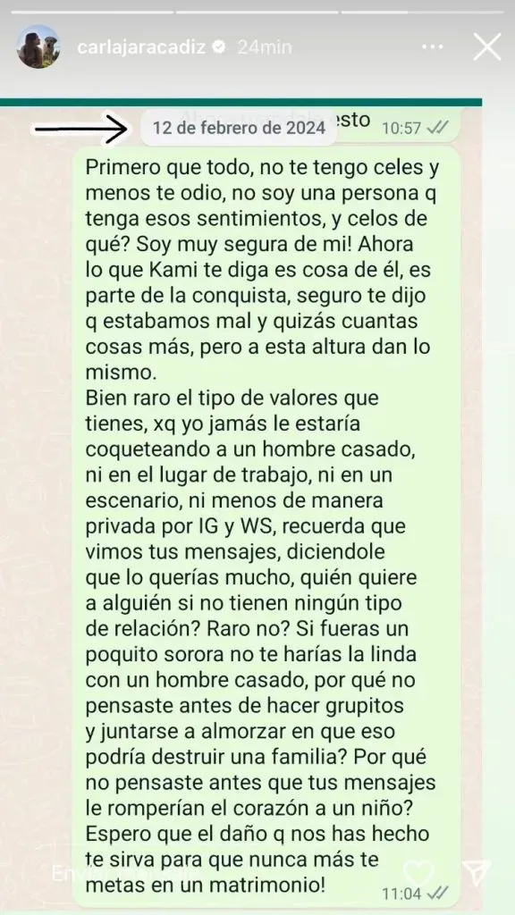 Este es el pantallazo donde Carla habría encarado a Camila Andrade por esta supuesta infidelidad.
