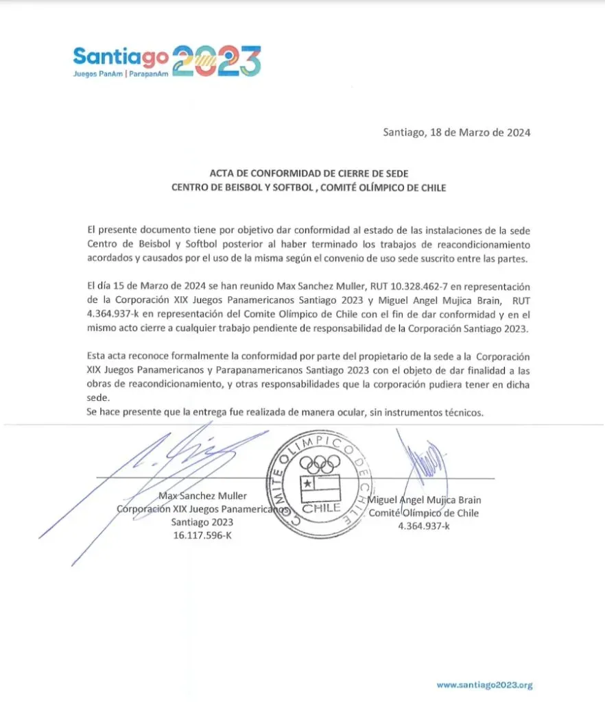 El documento que acredita que la Corporación Santiago 2023 dejó de administrar el Centro de Béisbol y Sóftbol nacional.