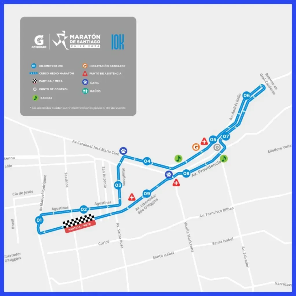 Mapa con los cortes de tránsito en Santiago por el recorrido 10K de la Maratón de Santiago