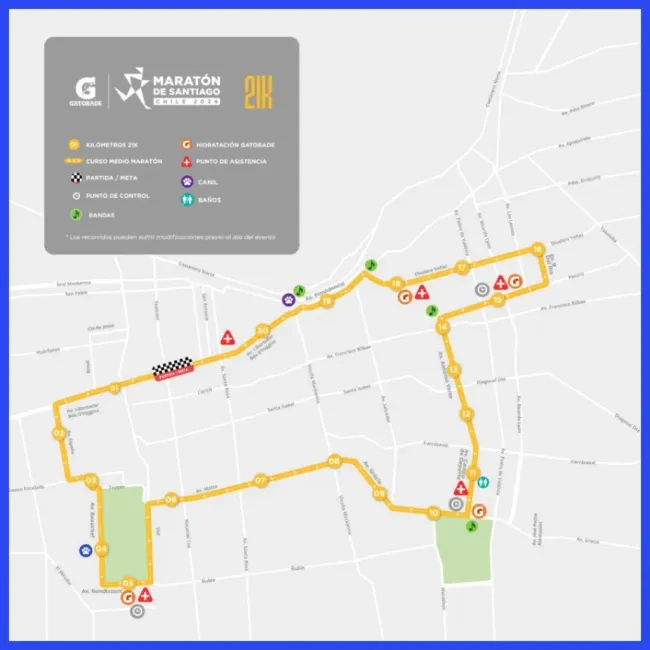Mapa con los cortes de tránsito en Santiago por el recorrido 21K de la Maratón de Santiago
