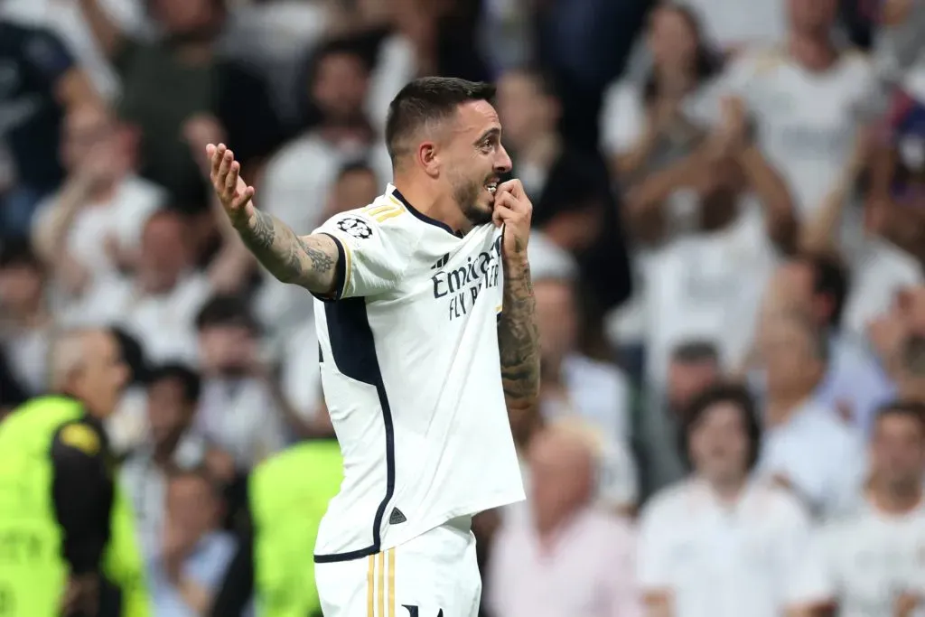 El festejo de Joselu para uno de sus goles al Bayern Múnich. (Clive Brunskill/Getty Images).