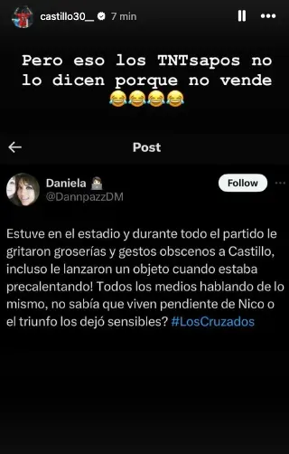 El mensaje de Castillo contra TNT Sports