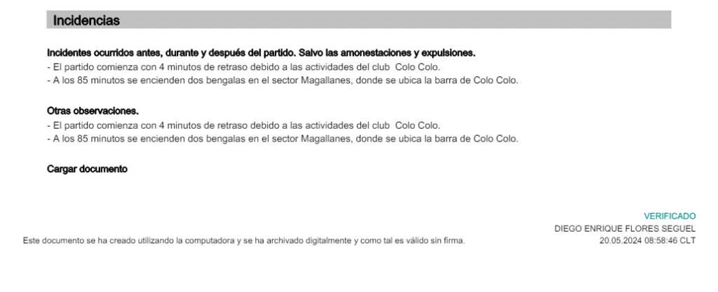 El informe arbitral de Diego Seguel del partido de Colo Colo con Palestino (Captura)