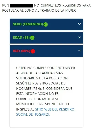 Captura de consulta de requisitos del Bono Mujer Trabajadora del Sence. La plataforma indica que la persona no puede postular, porque no cumple el requisito del estar en el 40% del Registro Social de Hogares.