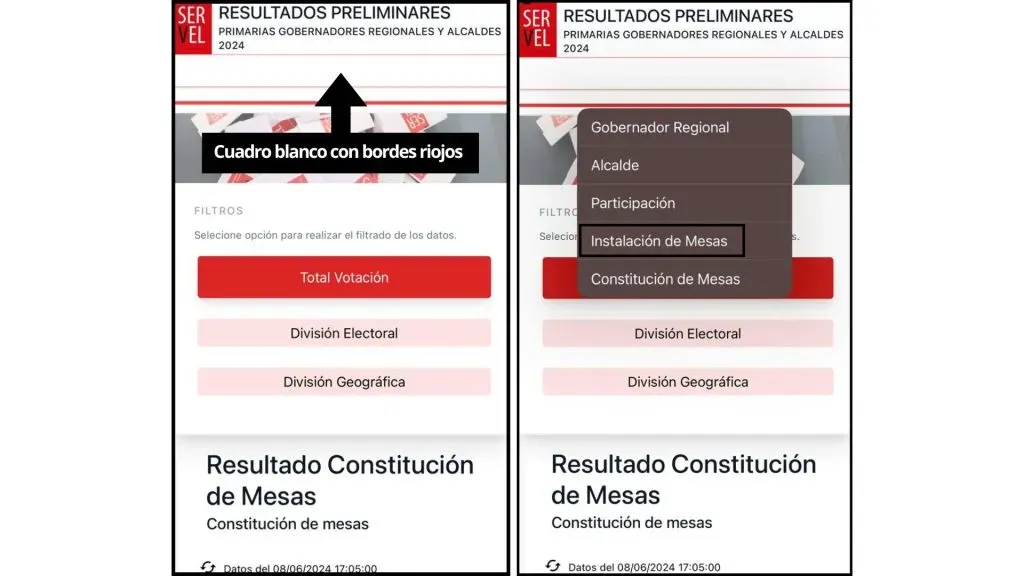 Capturas de una consulta de instalación de mesas en la web del Servel.