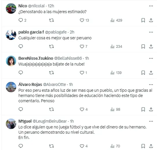 Las respuestas que recibió el hermano del defensor peruano tras su machista comentario. | Foto: Captura.