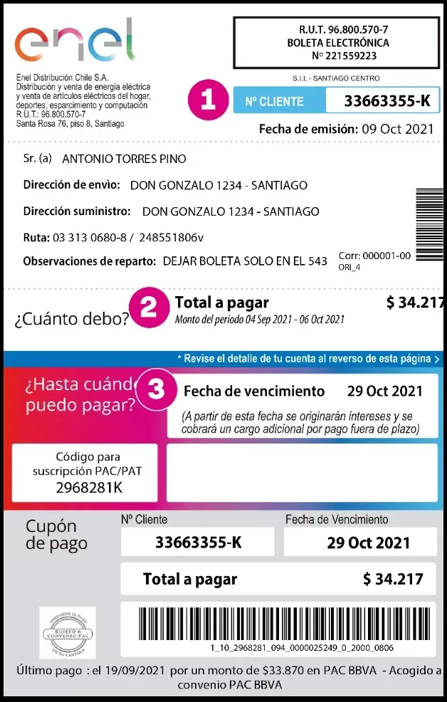Cuenta de la Luz de Enerl con el número de cliente remarcado en la esquina superior derecha