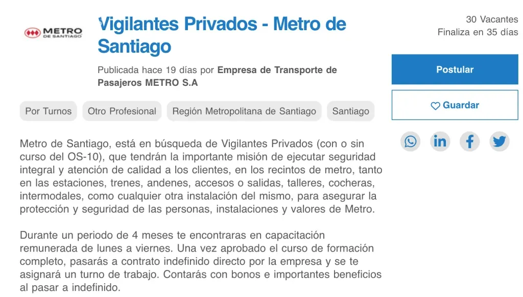 Oferta de trabajo vigilante privado de Metro