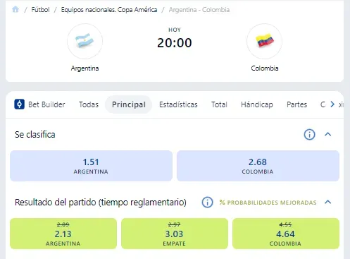 Las principales cuotas para Argentina vs Colombia por la Copa América 2024 en su partido final. Foto: Jugabet,