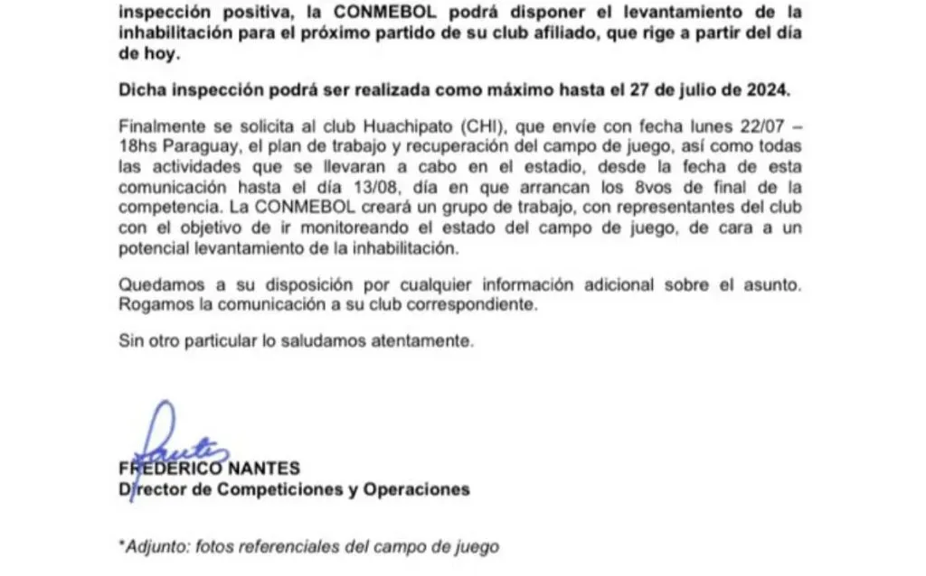 El comunicado que inhabilita al Estadio Ester Roa de Concepción. | Foto: Captura.