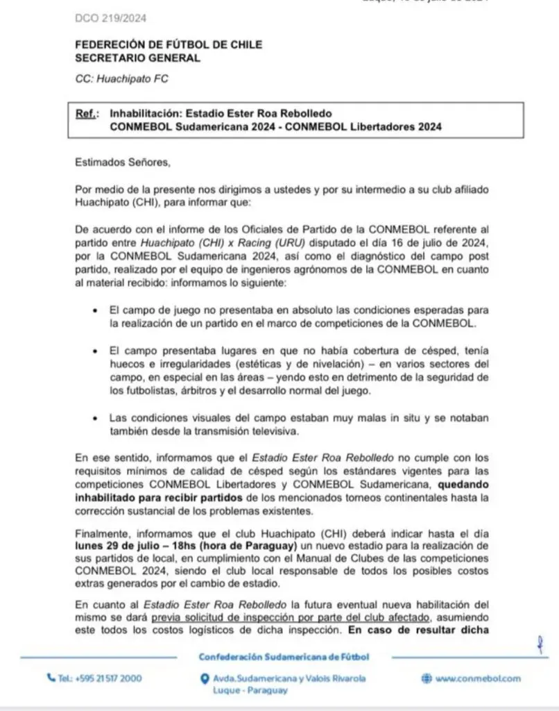 El comunicado que inhabilita al Estadio Ester Roa de Concepción. | Foto: Captura.