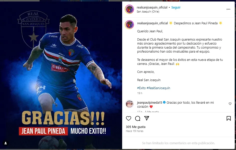 El mensaje con que Real San Joaquín despidió a Jean Paul Pineda. | Foto: Captura.