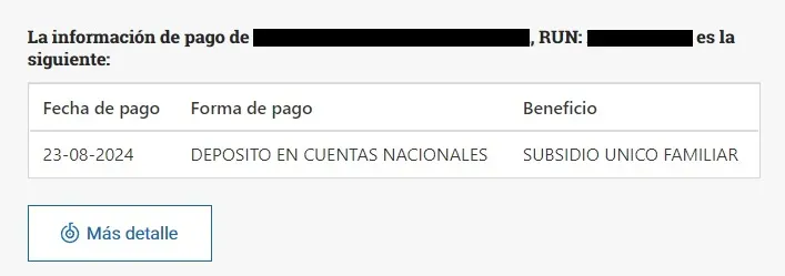 Captura de una consulta en ChileAtiende sobre la fecha de pago del Subsidio Familiar de julio.