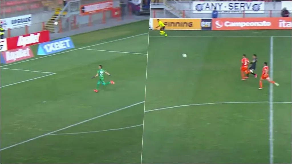 Patricio Rubio vio adelantado a Nicolás Avellaneda y anotó un golazo para el triunfo de Ñublense ante Cobreloa. Foto: TNT Sports.