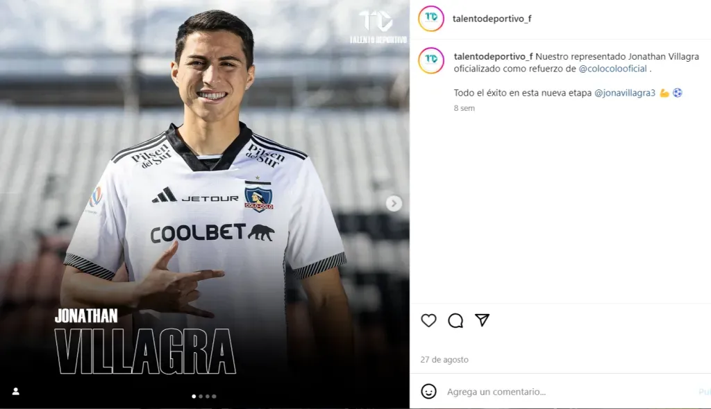 Así anunció Talento Deportivo el fichaje de Jonathan Villagra por Colo Colo. (Captura Instagram).