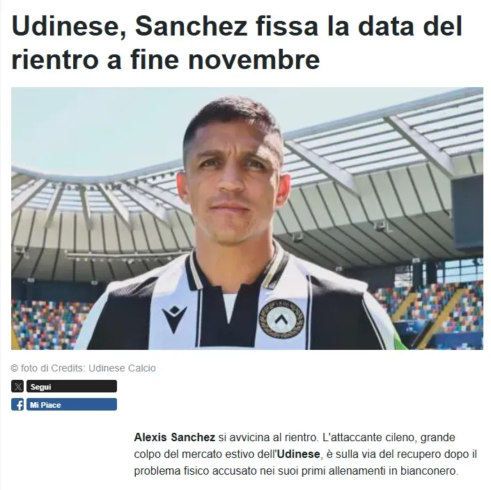 La publicación sobre la situación de Alexis Sánchez en Udinese (Captura)