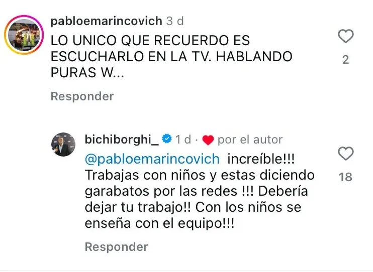 La respuesta de Borghi a un usuario en Instagram