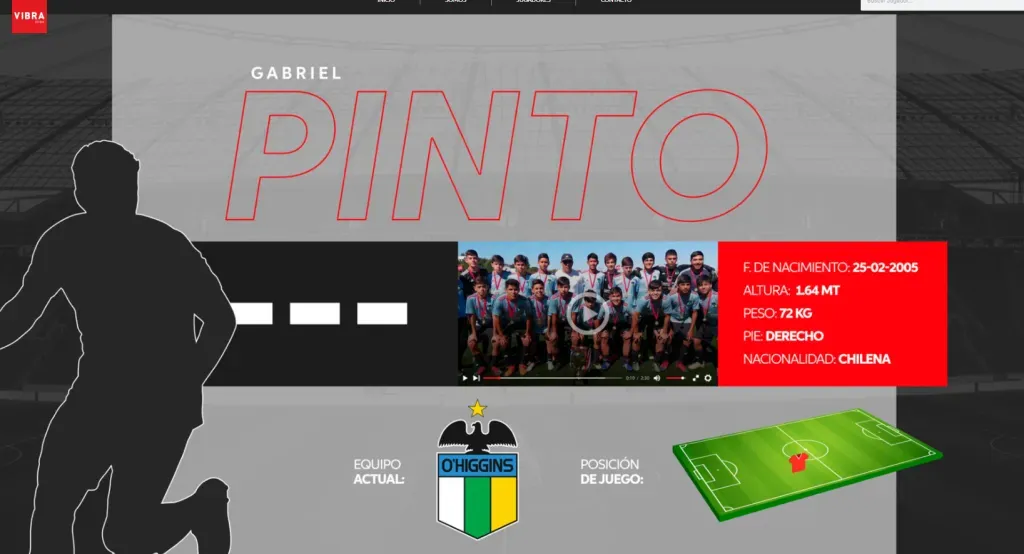 Gabriel Pinto y su perfil en el sitio web de Vibra Fútbol. (Captura).