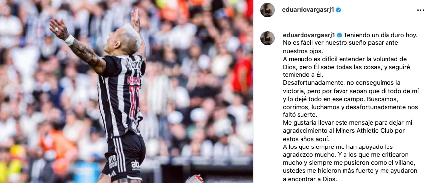 El mensaje de Vargas lamentando la derrota del Mineiro