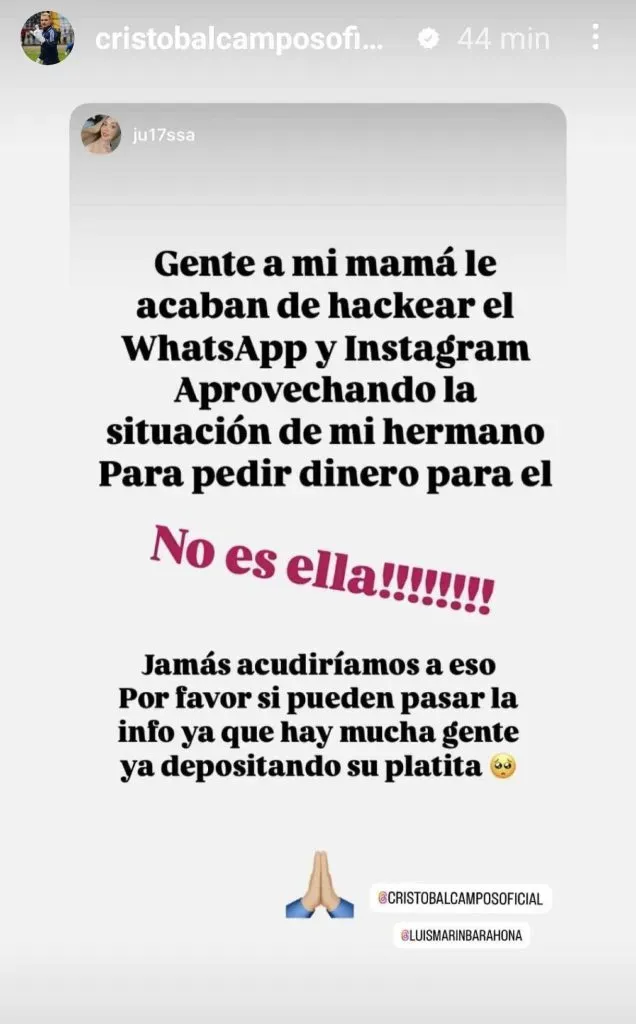 El mensaje que publicó Campitos sobre una estafa de WhatsApp con su nombre