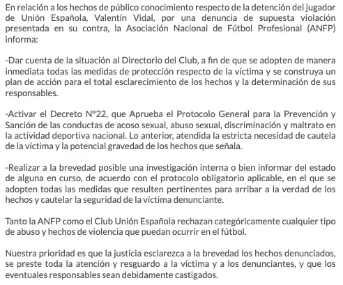 El comunicado de la ANFP sobre el caso de Valentín Vidal