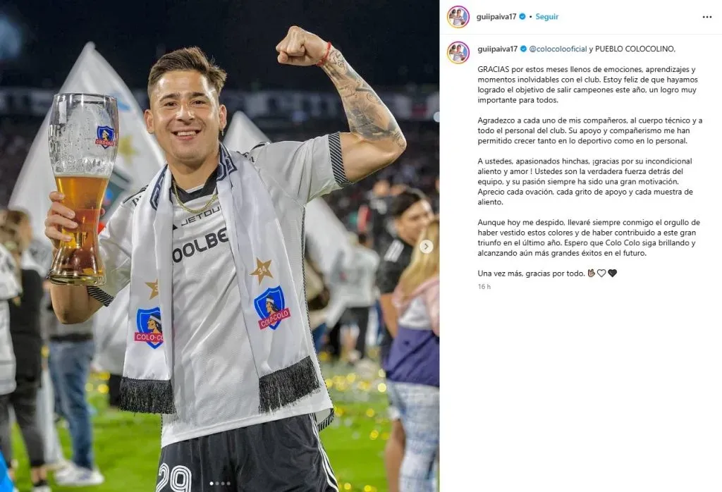 Guillermo Paiva se despido de Colo Colo en Instagram.