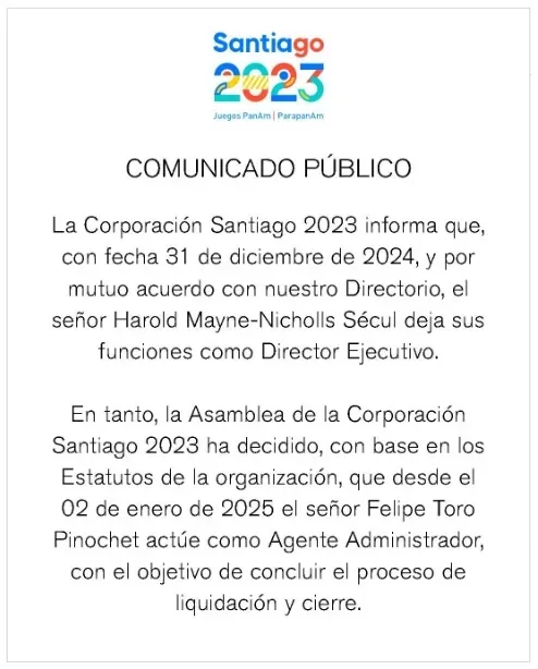 Comunicado de la Corporación Santiago 2023 sobre la salida de Harold Mayne-Nicholls.
