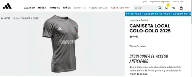 Así se ve en la web de adidas la preventa de la camiseta de Colo Colo 2025