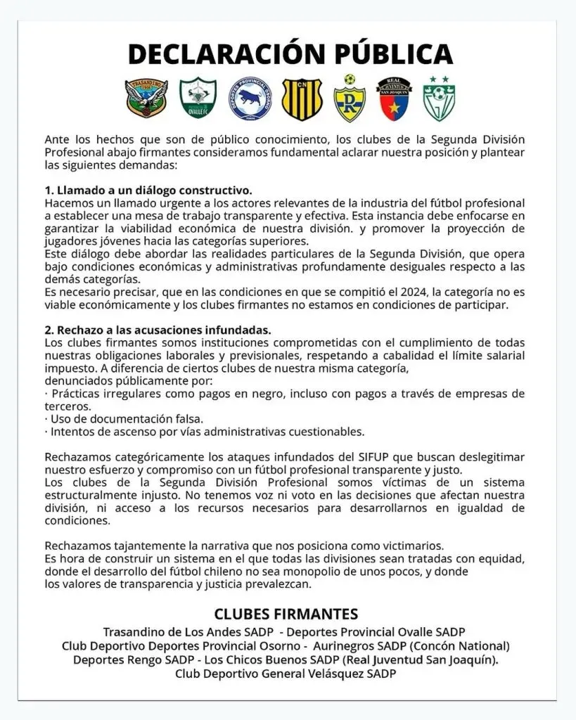 El comunicado de los siete equipos de Segunda División (Trasandino)