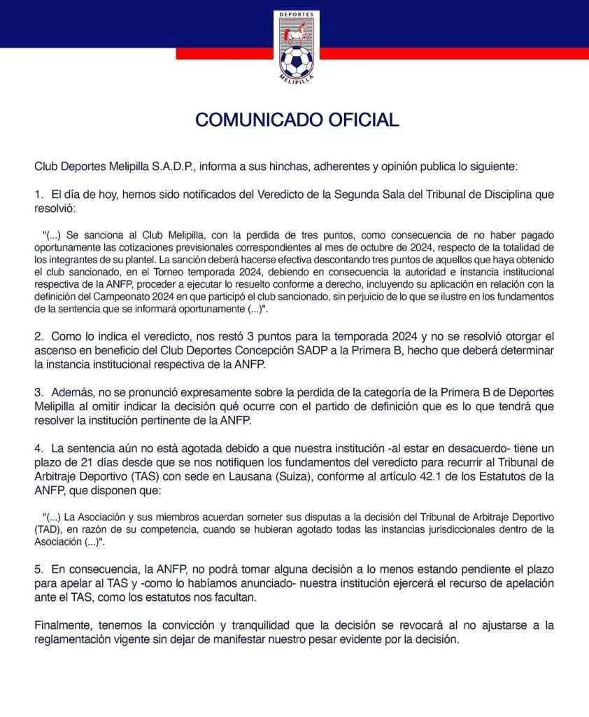 La defensa tras sentencia del Tribunal de Disciplina (Deportes Melipilla)