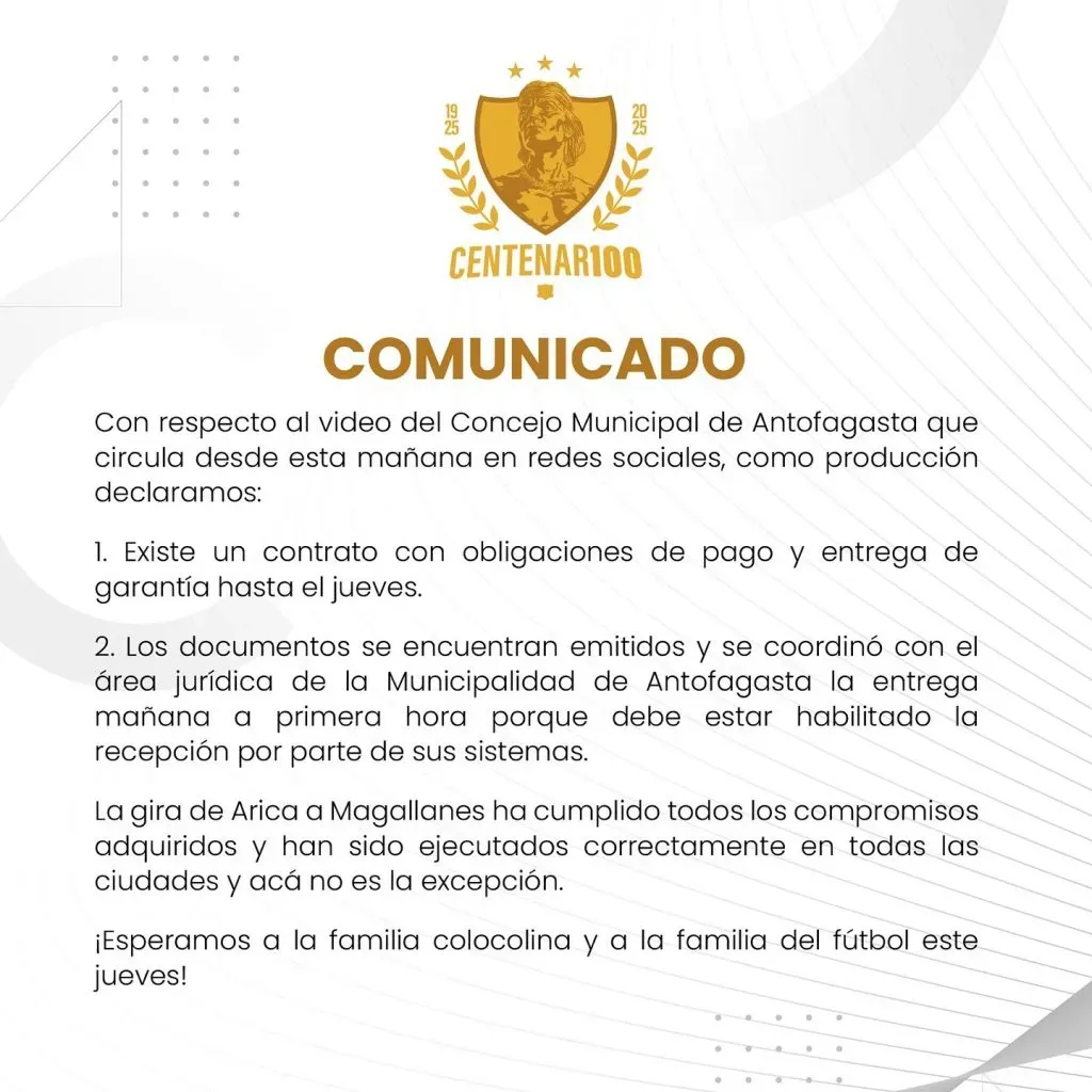 Comunicado emitido vía Instagram @giracentenariocolocolo