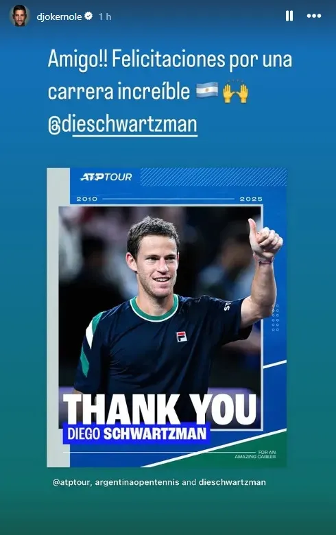 Despedida de Novak Djokovic a Diego Schwartzman (Instagram).