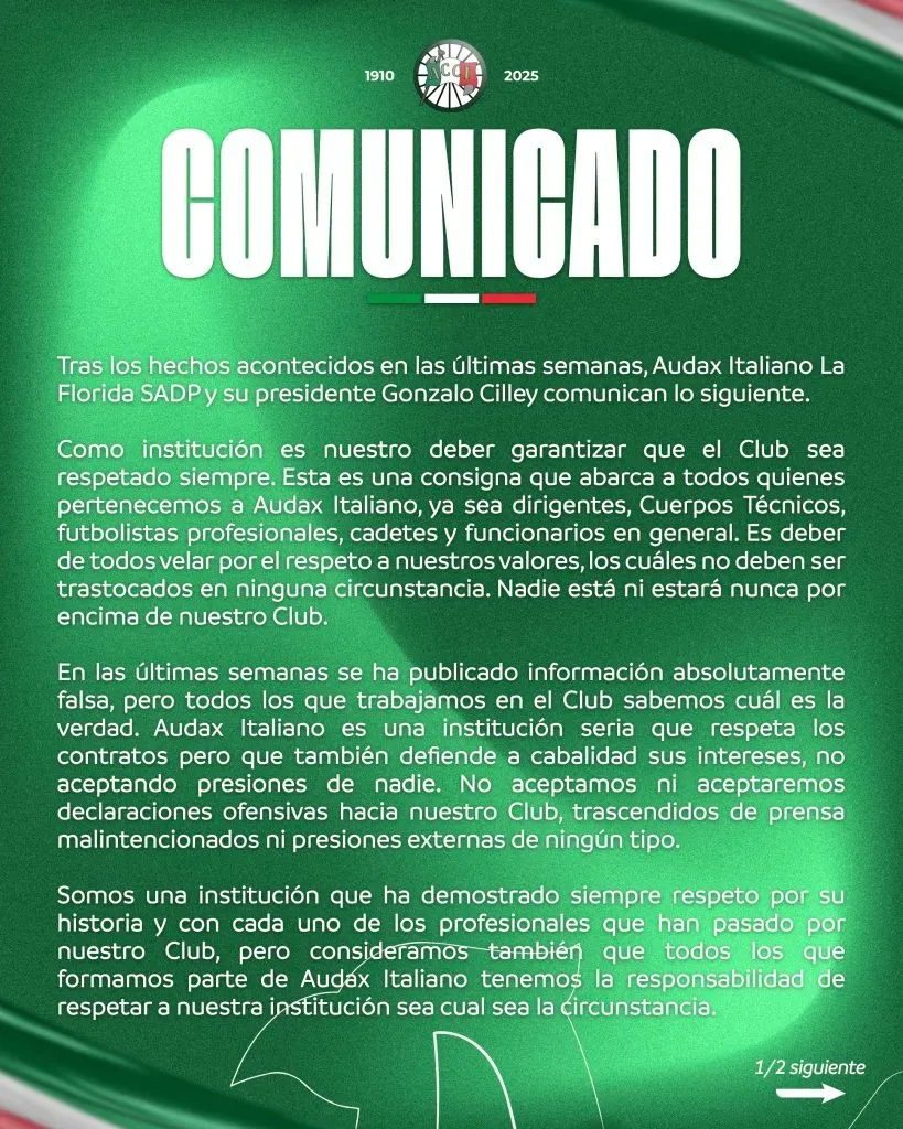 El comunicado de Audax Italiano tras confirmarse el adiós de Ignacio Jeraldino.