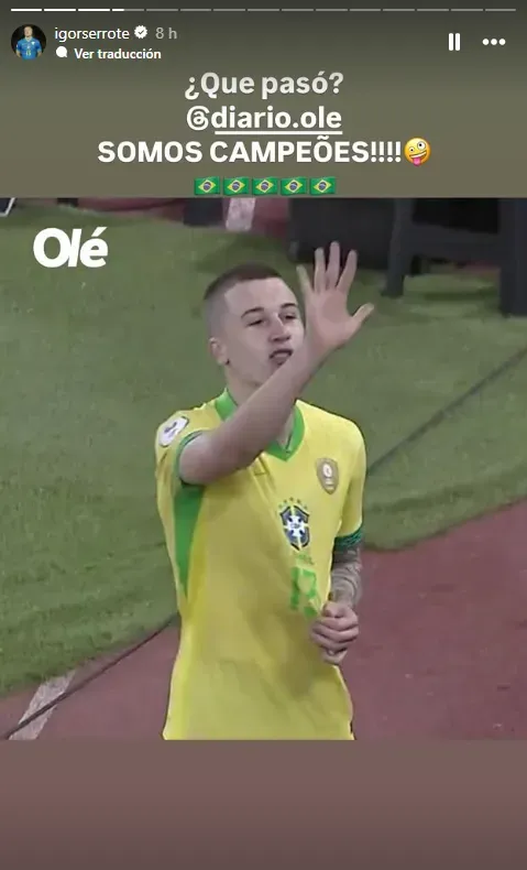 Igor le tocó la oreja a Olé y toda Argentina luego de que Brasil les quitara el título del Sudamericano Sub 20. Foto: Instagram.