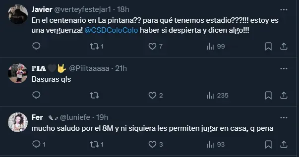 “¿En el centenario en La Pintana?”, la rabia de los hinchas de Colo Colo por la localía del equipo femenino. Foto: Captura.