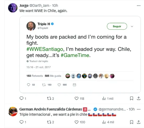 Los chilenos rápidamente pidiéndole a HHH un regreso a Chile tras el triunfo de Stephanie Vaquer. | Foto: Captura.