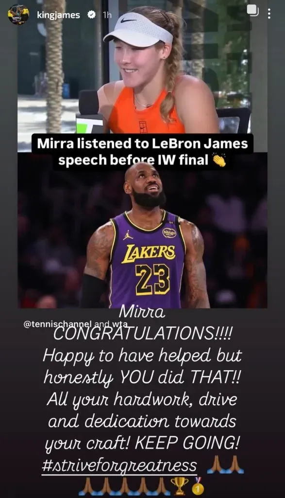 LeBron James felicita a Mirra Andreeva en su cuenta de Instagram (Getty Images).