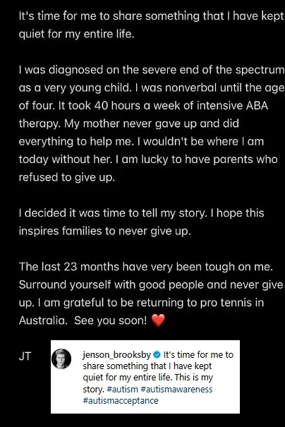 Jenson Brooksby revla que es autista en Instagram.