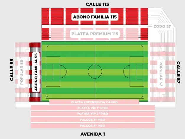 Las ubicaciones del Estadio Jorge Luis Hirschi de Estudiantes de La Plata. Los hinchas de Universidad de Chile se ubicarán en el Codo 57. | Foto: Captura.