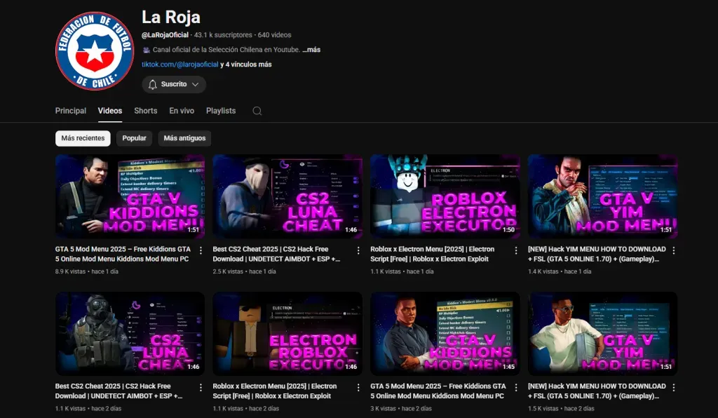Así luce el canal de YouTube de la selección chilena luego del hackeo. Foto: YouTube.