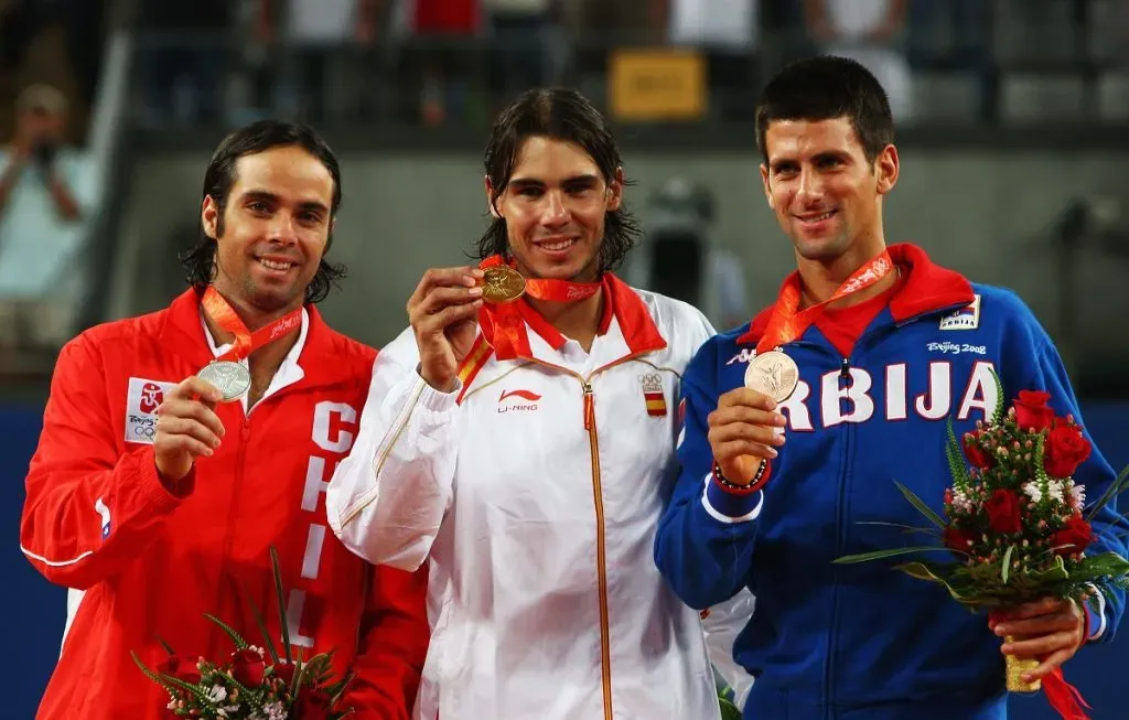 Fernando González, Rafael Nadal y Novak Djokovic celebran en los Juegos Olímpicos de 2008 (Getty Images).
