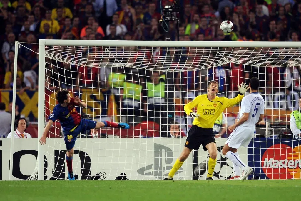 Este cabezazo al Manchester United es para Lionel Messi el mejor gol de su carrera. | Foto: Getty Images.